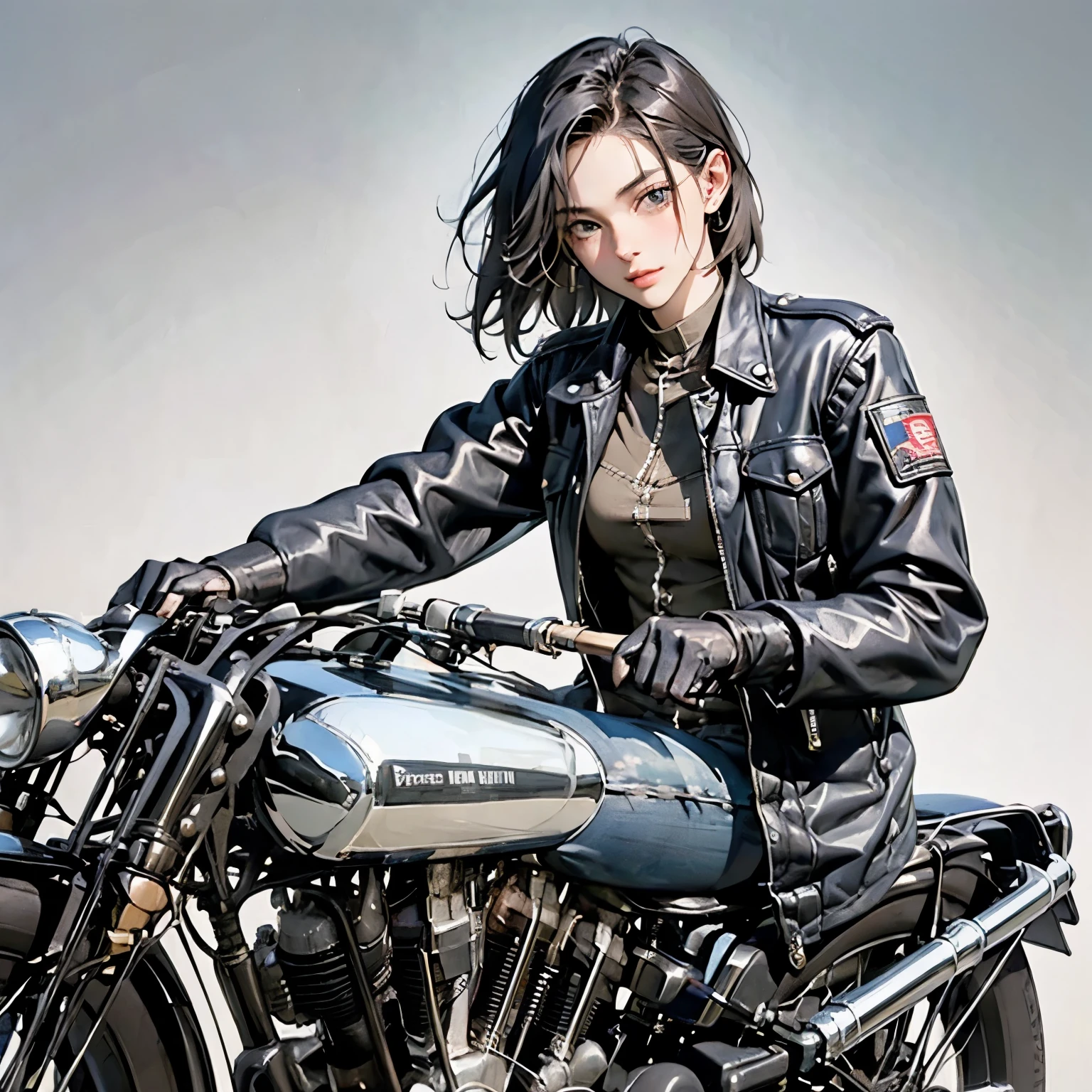 Bluff Superior SS100、(クラシックRiding on motorcycle )、(Vintage Bikes、Bluff Superior SS100)、Isle of Man Races、 (Riding on motorcycle:1.2), Beautiful young woman、18-year-old、Beautiful Face, Beautiful delicate eyes, Black Hair, Short Bob Hair,  Classic Leather Jacket、Cromwell helmet with goggles、After the Rain、English countryside、 Detailed Description、(Highest quality, masterpiece, High resolution)、8k、wallpaper
