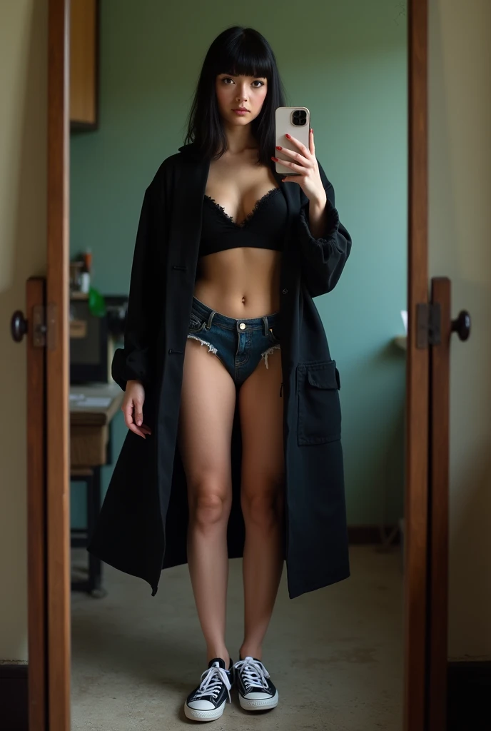 Who was an image of a curvy but thin girl?, but with big breasts who is taking a photo in a mirror with her iPhone 10, The girl should have straight bangs above the eyebrows and very straight, dark hair down to the waist..., You should also have Russian volume eyelash extensions.., From behind you can see his poor and messy room..., She should be dressed in shorts and a black coat., Low-cut T-shirt., and some converse sneakers. The girl must have a confident and seductive attitude.. The image must be very realistic and the aesthetics must be similar to that of the turras...