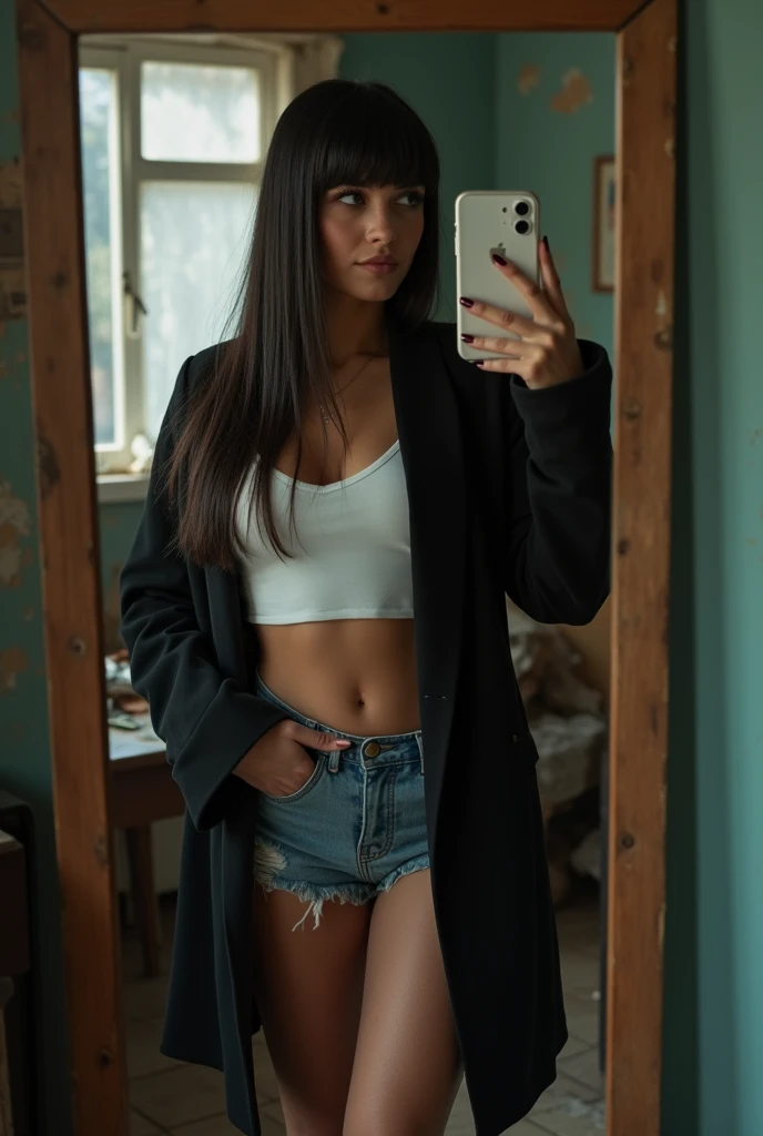 Who was an image of a curvy but thin girl?, but with big breasts who is taking a photo in a mirror with her iPhone 10, The girl should have straight bangs above the eyebrows and very straight, dark hair down to the waist..., You should also have Russian volume eyelash extensions.., From behind you can see his poor and messy room..., She should be dressed in shorts and a black coat., Low-cut T-shirt., and some converse sneakers. The girl must have a confident and seductive attitude.. The image must be very realistic and the aesthetics must be similar to that of the turras...