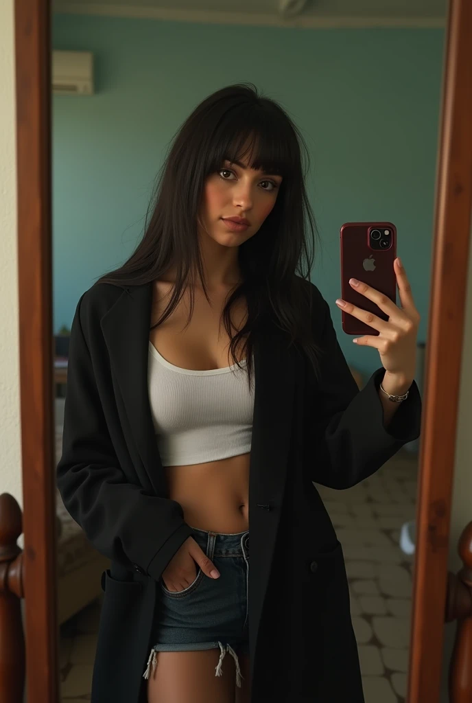 Who was an image of a curvy but thin girl?, but with big breasts who is taking a photo in a mirror with her iPhone 10, The girl should have straight bangs above the eyebrows and very straight, dark hair down to the waist..., You should also have Russian volume eyelash extensions.., From behind you can see his poor and messy room..., She should be dressed in shorts and a black coat., Low-cut T-shirt., and some converse sneakers. The girl must have a confident and seductive attitude.. The image must be very realistic and the aesthetics must be similar to that of the turras...