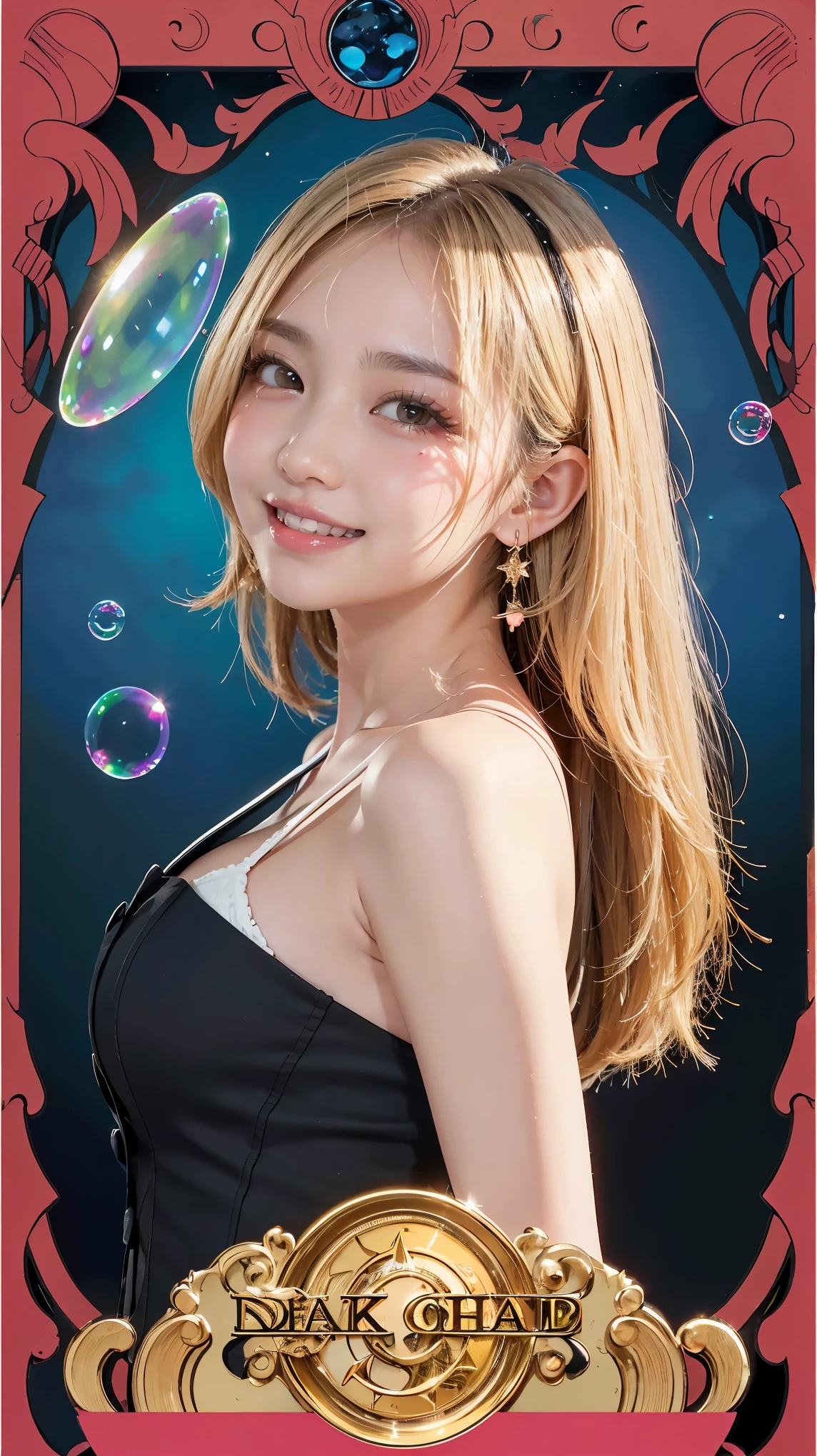 Realistic、masterpiece、Highest quality、Highest quality、Tarot Card Style、A background with many soap bubbles drawn in the blue sky、One Woman、An image of an angel、Upper body photo、Gothic punk costumes、(Blonde Hair, Long Hair:1.2)、Natural Makeup、Draw lots of eyelashes、Dark pink blush、profile、smilingly, Showing teeth、cheeks turn a little red