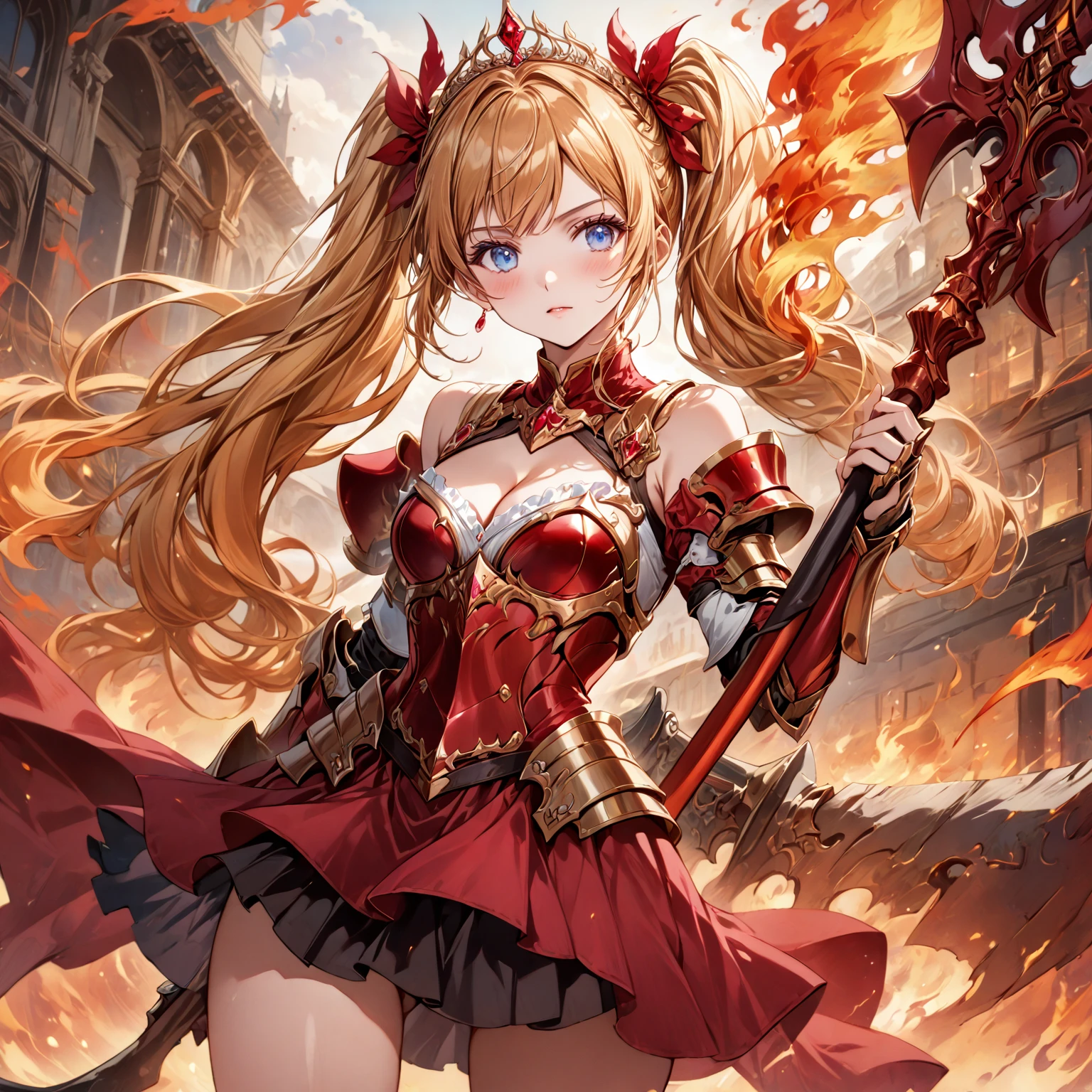 score_9_up, score_9, score_8_up, score_7_up, source_anime,masterpiece, best quality, high resolution, extremely detailed CG, absurdres, highres, 1girl, a female knight in metal armor, skirt, frills, holding the scythe of flame, red_outfit, cropped shoulders armor, off-shoulders, plate armor, armor dress,gauntlets, Blonde hair,twintails, long hair, blue_eyes, ruby tiara,cleavage, thighs, thighs armor, weapeon, ((scythe of flame)), fire arounded