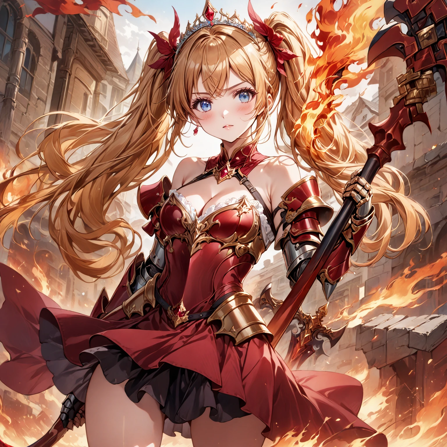 score_9_up, score_9, score_8_up, score_7_up, source_anime,masterpiece, best quality, high resolution, extremely detailed CG, absurdres, highres, 1girl, a female knight in metal armor, skirt, frills, holding the scythe of flame, red_outfit, cropped shoulders armor, off-shoulders, plate armor, armor dress,gauntlets, Blonde hair,twintails, long hair, blue_eyes, ruby tiara,cleavage, thighs, thighs armor, weapeon, ((scythe of flame)), fire arounded