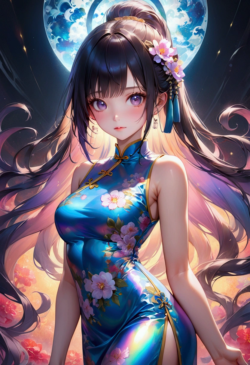 Anime girl with long straight dark iridescent hair,athletic body,cheongsam, realistic