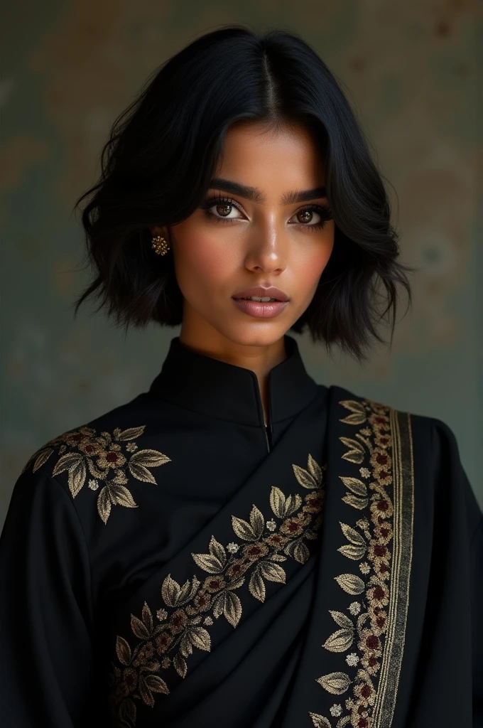 Short hair Indian girl bold, black clothes with embroidery and brown skin