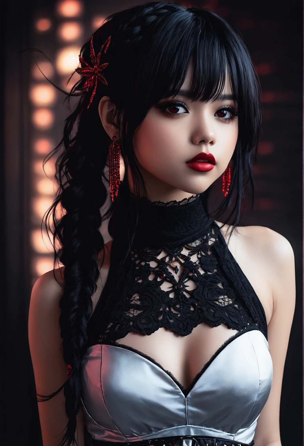 Jenna Ortega what ((black and red dress):1.9) and black lace top, cute face. dark fantasy, with black pigtails, in the style of Ross Tran, Attention to detail, beautiful, detailed face, extra long hair, a braided ponytail on the head, Nice haircut, (Blush:1.1), Perfect body shape, with tormented eyes and dark hair, [ trending on Subscribe ]!!, jet black haired cyberpunk girl, fantastic and moody, 