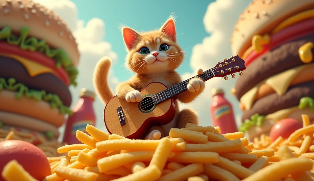 A cat playing guitar on fries in a burger world
