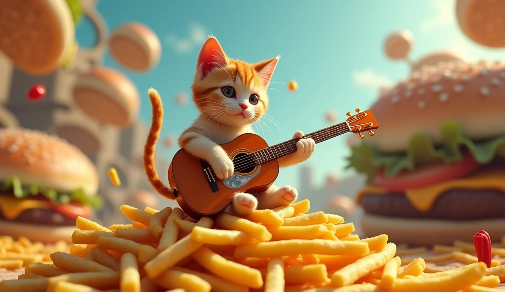 A cat playing guitar on fries in a burger world