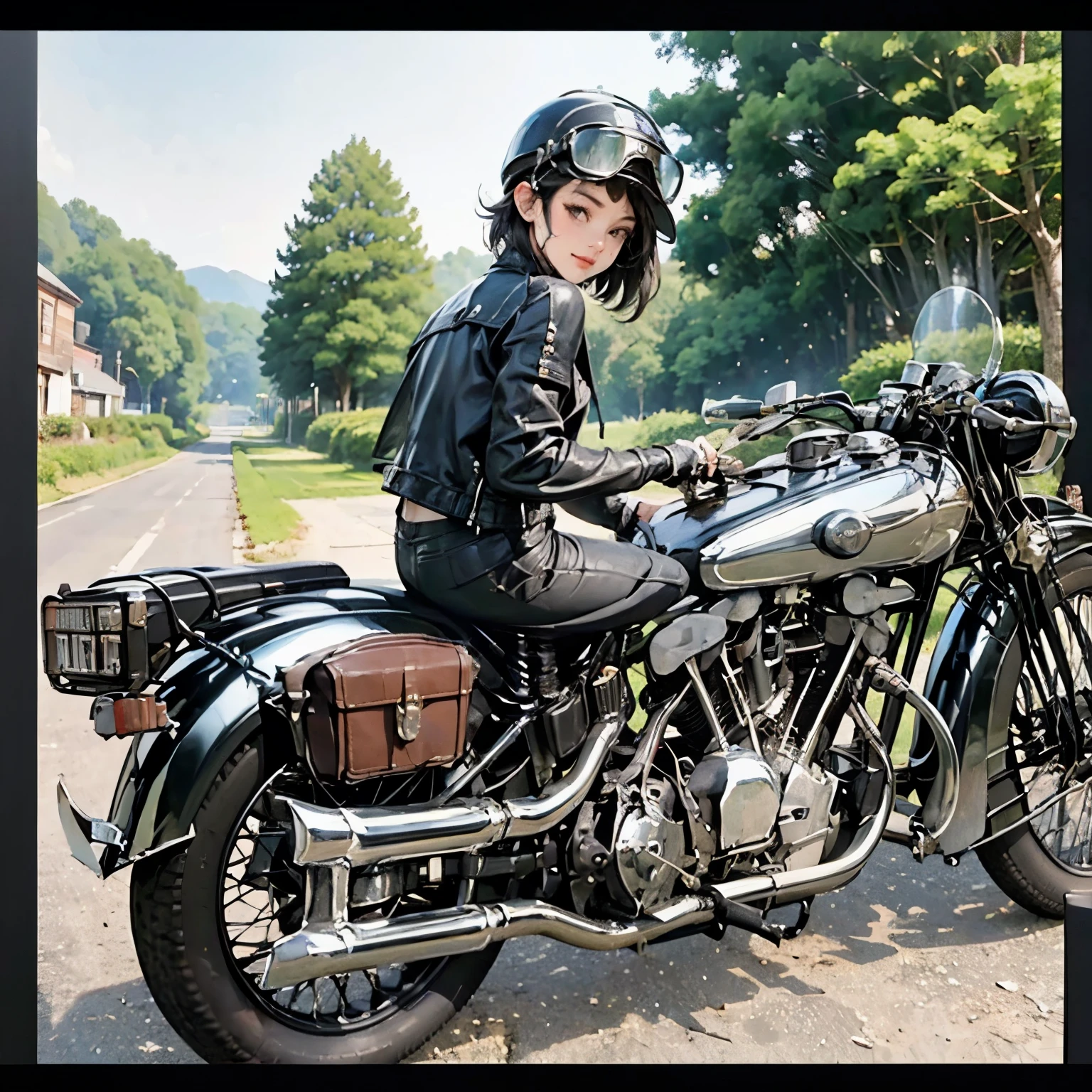 Bluff Superior SS100、(クラシックRiding on motorcycle )、(Vintage Bikes、Bluff Superior SS100)、Isle of Man Races、 (Riding on motorcycle:1.2), Beautiful young woman、18-year-old、Beautiful Face, Beautiful delicate eyes, Black Hair, Short Bob Hair,  Classic Leather Jacket、Cromwell helmet with goggles、After the Rain、English countryside、 Detailed Description、(Highest quality, masterpiece, High resolution)、8k、wallpaper
