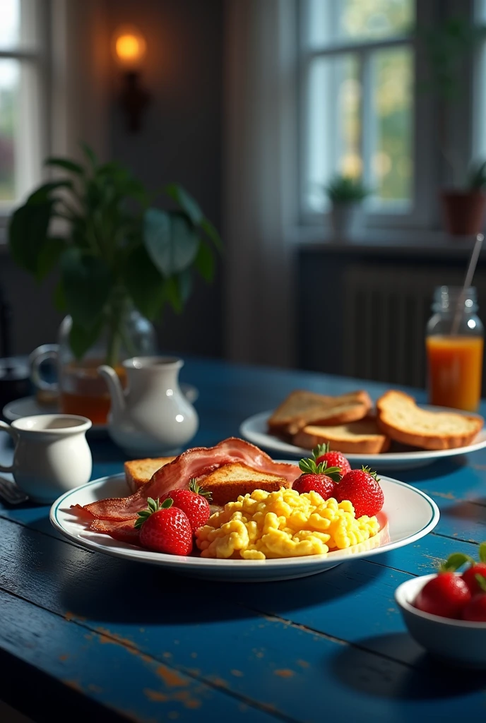 A breakfast on a plate on a dark blue table
