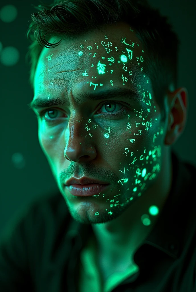 Close-up of 46 years clean shape skinny man's face, glowing green holographic equations projected onto skin. Intense gaze, realistic features. Dark background, cyberpunk aesthetic. Luminous mathematical formulas, handwritten style. Futuristic, high-tech atmosphere. Photorealistic rendering, dramatic lighting, sharp contrast