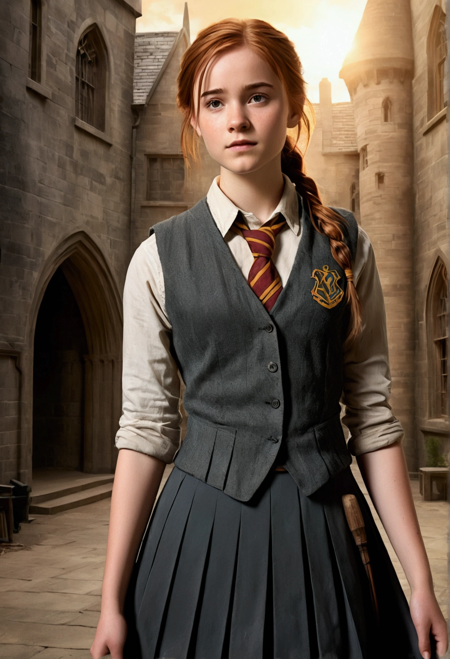 An illustrated movie poster, hand-drawn, full color, a female Hogwarts student, 18 years-old, wearing a charcoal vest and a pleated skirt, tall, toned, amazonian stature, athletic hourglass figure, auburn hair, messy ponytail, flushed sun-kissed complexion, freckles, standing in a Hogwarts Courtyard, graphite shading, stencil marks, airbrushed acrylic paint, masterpiece, in the Deathly Hallows 