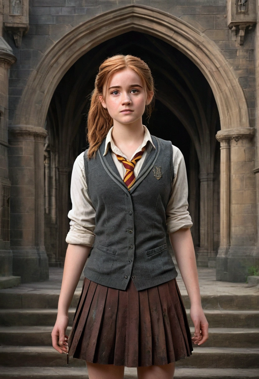 An illustrated movie poster, hand-drawn, full color, a female Hogwarts student, 18 years-old, wearing a charcoal vest and a pleated skirt, tall, toned, amazonian stature, athletic hourglass figure, auburn hair, messy ponytail, flushed sun-kissed complexion, freckles, standing in a Hogwarts Courtyard, graphite shading, stencil marks, airbrushed acrylic paint, masterpiece, in the Deathly Hallows