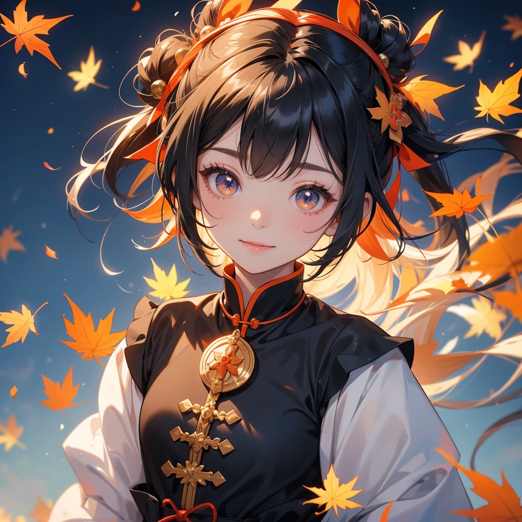 A chibi girl had a small face and Wearing black little Taoist priest's outfit. A pair of big round eyes shone with curiosity about him. her hair is black with two buns on her hair.smiling.

The little chibi baby looked up with his chest raised, and his face was old and proud.

The backdrop is a mountain that turns orange-red in spring, and maple leaves fall from the trees.


