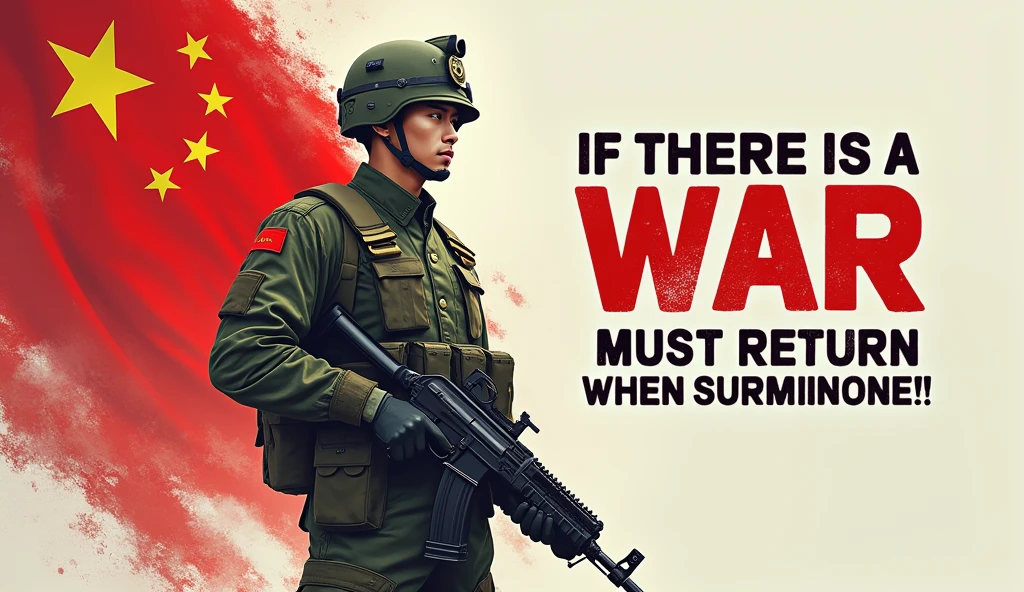 (The background is transparent)(There is a complete,The map is red，On the left is the five-star red flag) (A Chinese man in camouflage uniform holding an AK47 submachine gun，Anime Character)(The whole picture has a sentence"If there is a war,Must return when summoned!",The font must be strong and powerful)(The whole picture looks very loving.)(The whole picture is very technological，Better to exaggerate)