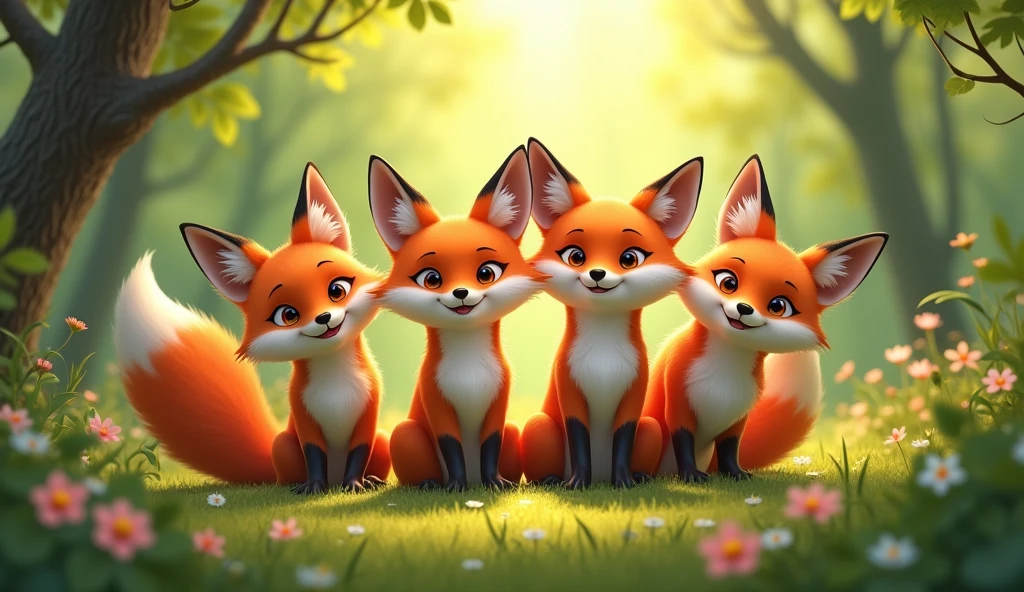 SEVERAL FEARLESS FOXES IN HARMONY LOOKING AT THE CAMERA, HAPPY IN THE FOREST OF JOY