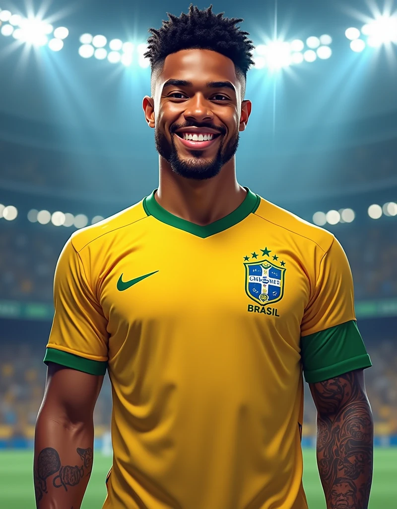 “Vector t-shirt design, inspired by PivaArts, featuring a man with ‘black and dark blue hair’ wearing a Brazil soccer player uniform. He has a big smile, showcasing his tall stature and beautiful brown, vivid eyes. The man has short, curly hair and an arm tattoo, emphasizing his unique style. Set in a professional stadium under intense lighting, the scene captures fierce determination and the spirit of intense competition. The design should mimic professional sports photography, with high detail and quality, aiming for a masterpiece level in 4K and 8K resolution. Focus on more detail to bring out the realism and dynamic energy of the moment, making it perfect for a striking and bold t-shirt design.”