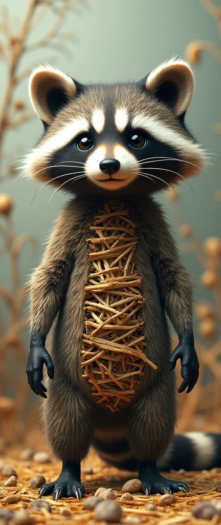 A thought-provoking and visually striking poster featuring a deconstructed straw cute, extra fluffy baby raccoon, reminiscent of Art Spiegelman's distinctive artistic style. The raccoon's body is disintegrating, revealing the layers of straw beneath. The background is a blend of muted colors, with surrealism and abstract elements merging seamlessly. The overall atmosphere is haunting and intriguing, challenging the viewer's perception of reality and art. This conceptual piece is a 3D render, capturing the essence of a deconstructed world., 3d render, conceptual art, photo