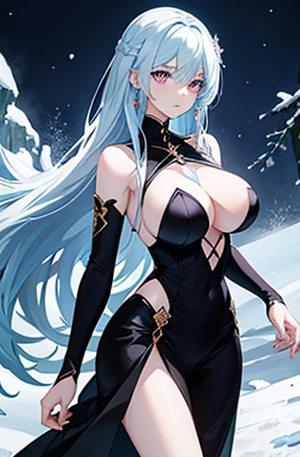 Anime, woman, long hair, pale blue hair, pink eyes, gently, earrings, big boob, wearing a black dress, beautiful, elegant, pure, fantasy, ice, snowflake, snow land, cool, noble,