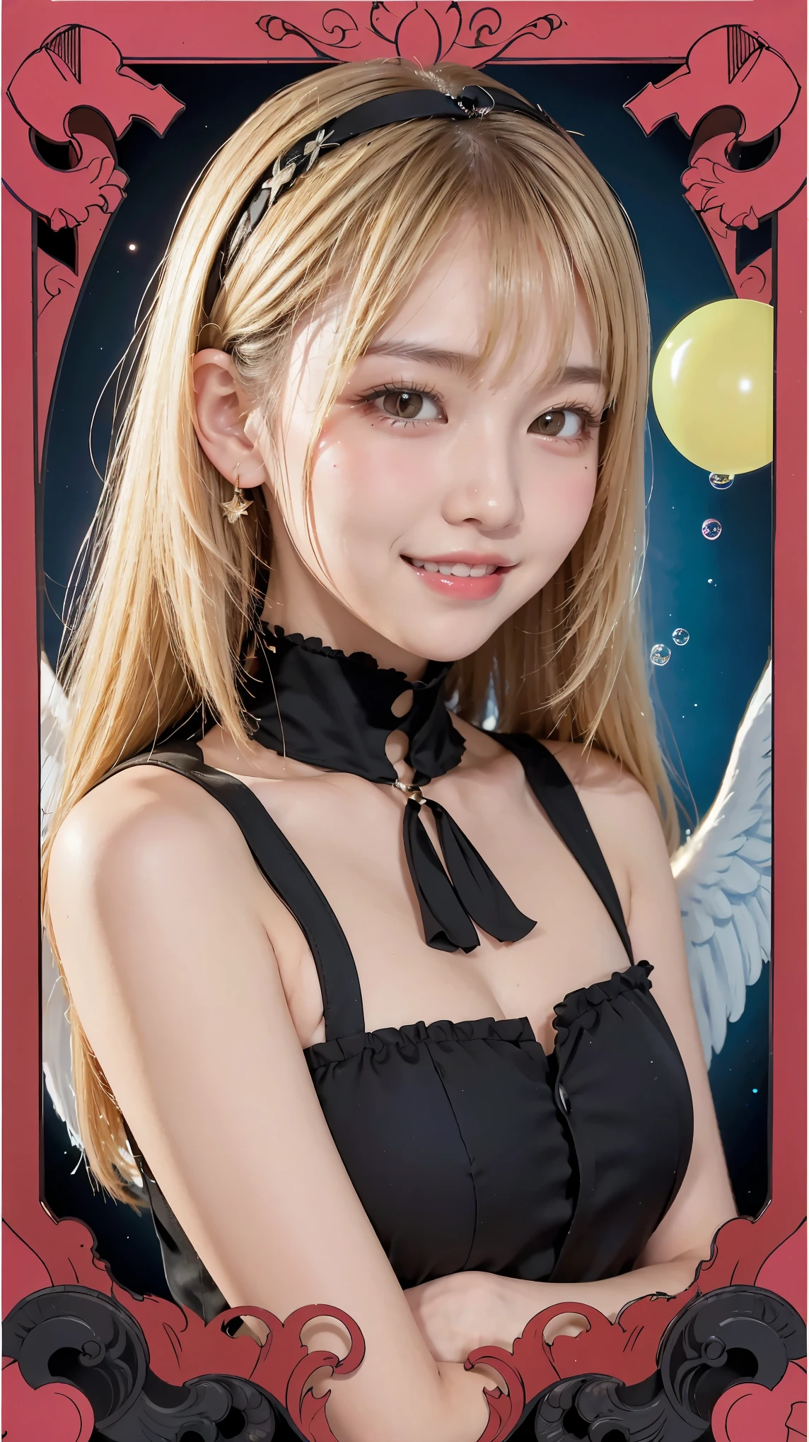 Realistic、masterpiece、Highest quality、Highest quality、Tarot Card Style、A background with many soap bubbles drawn in the blue sky、One Woman、An image of an angel、Upper body photo、Gothic punk costumes、(Blonde Hair, Long Hair:1.2)、Natural Makeup、Draw lots of eyelashes、Dark pink blush、profile、smilingly, Showing teeth、cheeks turn a little red