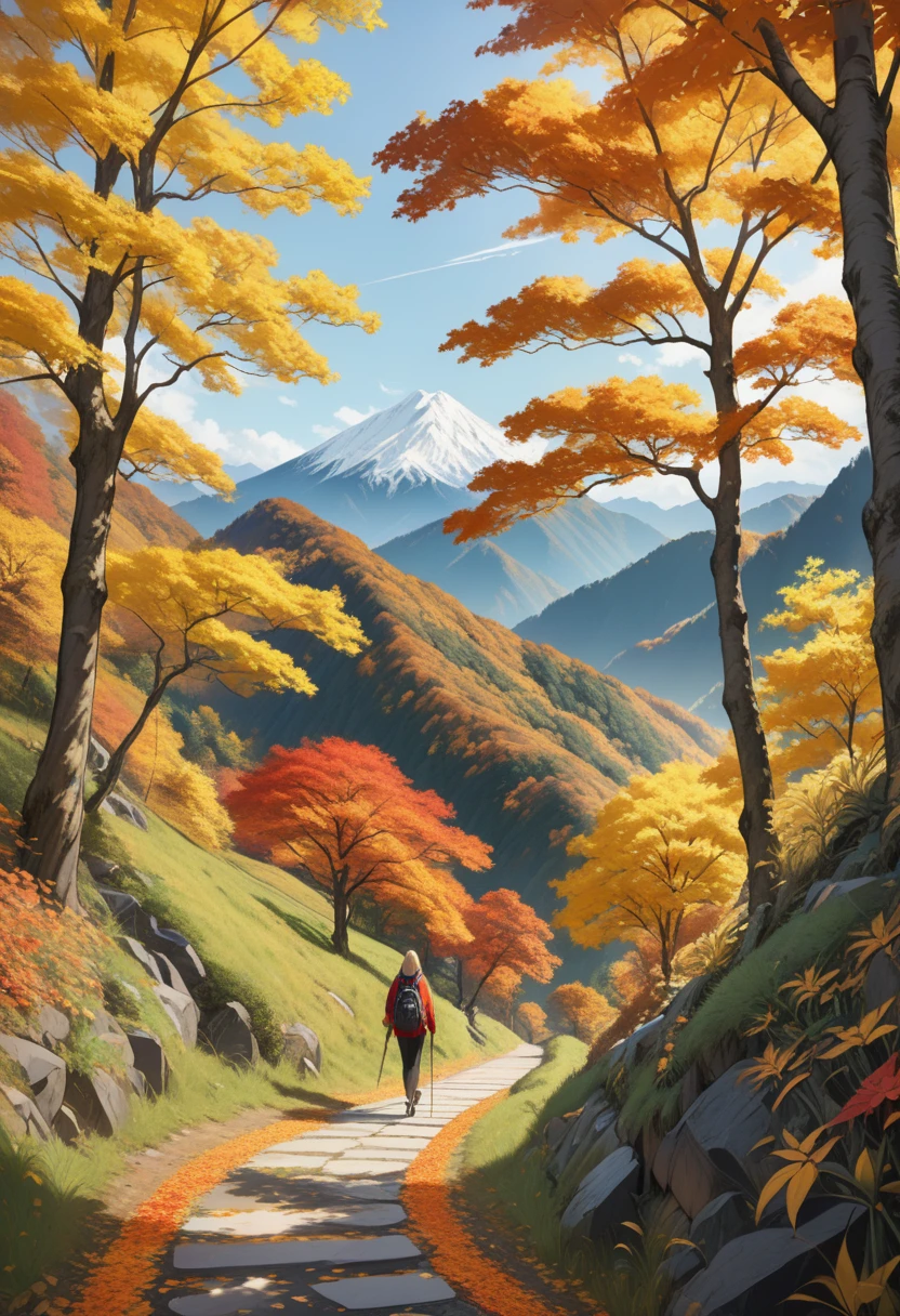 realistic anime art style, nature trees々Painting of a girl hiking through a lush mountain、The girl is painted small on the canvas、Green and yellow leaves、Autumn mountain scene、Distant mountains visible in the background々、Red or yellow autumn leaves、Masterpiece Painting、Highest quality、Composition with depth、Zendangle Art Style