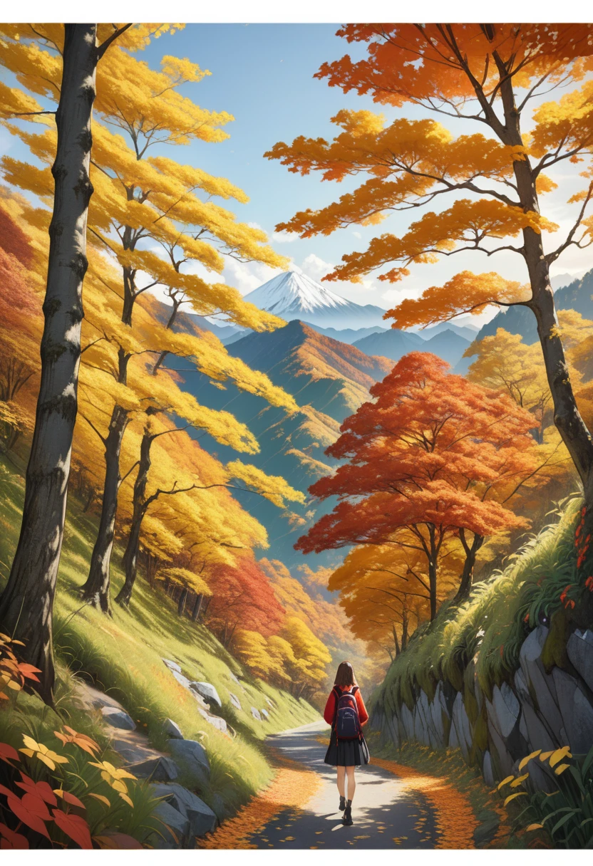realistic anime art style, nature trees々Painting of a girl hiking through a lush mountain、The girl is painted small on the canvas、Green and yellow leaves、Autumn mountain scene、Distant mountains visible in the background々、Red or yellow autumn leaves、Masterpiece Painting、Highest quality、Composition with depth、Zendangle Art Style