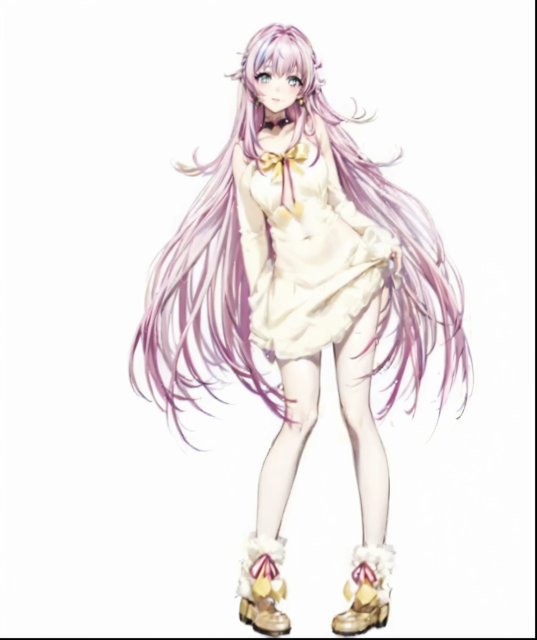 “(Top Quality, Masterpiece, Ultra High Definition, High Resolution, HDR, Unity 8K Wallpaper, Beautiful details, depth, delicacy, vibrant colors). A single girl in an anime style inspired by Epic Seven. She has beautifully detailed eyes, lips and face, her eyelashes are long, she wears an intricate and revealing gyaru-style uniform, a mini skirt, cute ribbons, accessories, her hands are not shown, her hair is multicolored with a striped curly texture, her hands are behind her back, a mix of rainbow hues and half white, half pink tones, the focus is on her upper body, capturing her smiling expression, her arms down, the accented mini skirt, this image highlights her attractive and adorable appearance, exuding an erotic and cute atmosphere. The girl's hairstyle is distinctive and different, adding uniqueness to her look, her hands are behind her back, this scene is rendered in ultra high definition CG, every detail is crisp and sharp.”