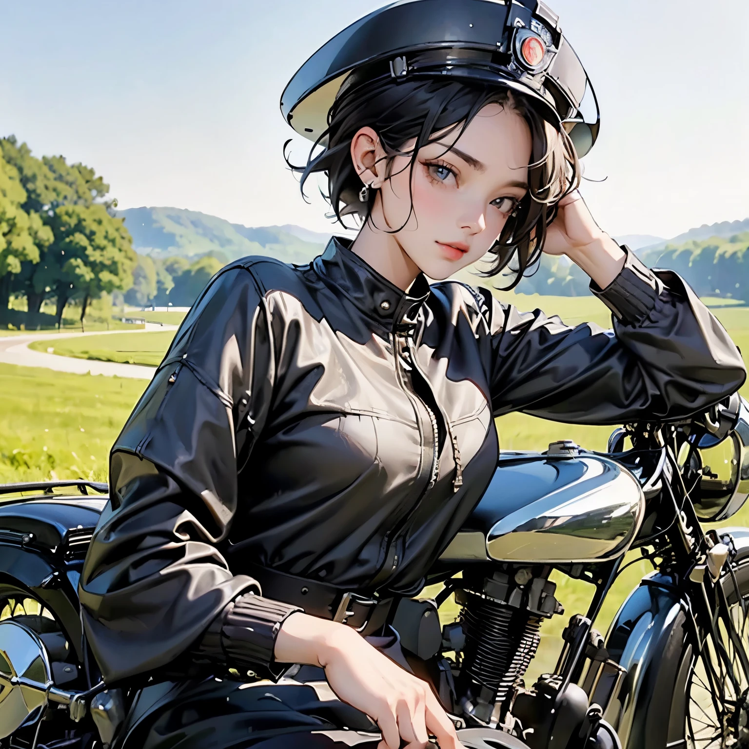 Bluff Superior SS100、(クラシックRiding on motorcycle )、(Vintage Bikes、Bluff Superior SS100)、Isle of Man Races、 (Riding on motorcycle:1.2), Beautiful young woman、18-year-old、Beautiful Face, Beautiful delicate eyes, Black Hair, Short Bob Hair, Classic Leather Jacket、Cromwell helmet with goggles、After the Rain、English countryside、 Detailed Description、(Highest quality, masterpiece, High resolution)、8k、wallpaper