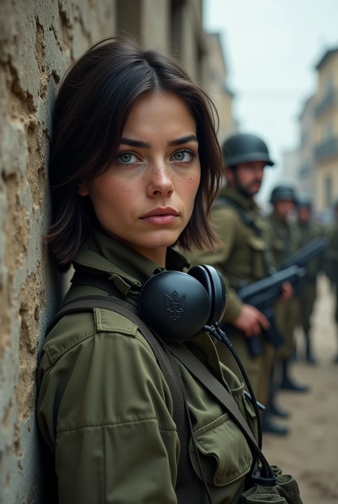 Masterpiece, a beautiful French female 32 years old captain with headphones, She is relaxing against a wall of a house in a devastated city street. Dark brown very short hair, blue-grey eyes, pale skin, freckles, exhausted but determlined face, soldiers in uniform stand in a street with a rifle, infantry girl, realistic soldiers, soldier girl, mechanized soldier girl, portrait of soldier girl, of a sniper girl in war, beautiful female soldier, military girl, portrait of a female soldier, portrait of cute soldier girl, close up portrait shot, soldier, military art, close portrait, 16K, ultra high resolution photorealistic, UHD, RAW
