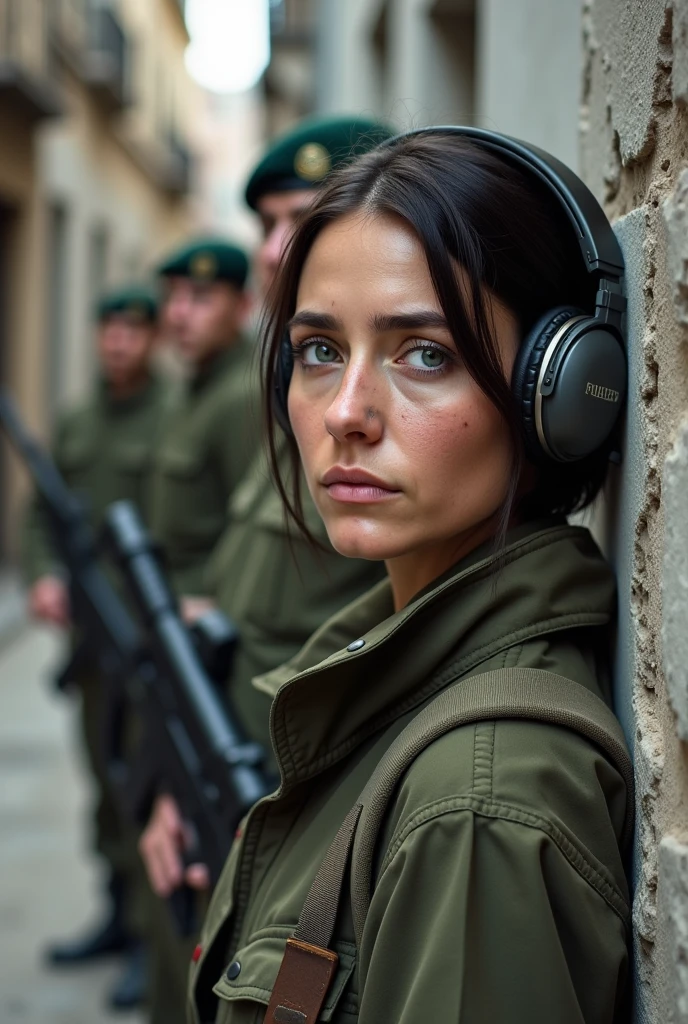 Masterpiece, a beautiful French female 32 years old captain with headphones, She is relaxing against a wall of a house in a devastated city street. Dark brown very short hair, blue-grey eyes, pale skin, freckles, exhausted but determlined face, soldiers in uniform stand in a street with a rifle, infantry girl, realistic soldiers, soldier girl, mechanized soldier girl, portrait of soldier girl, of a sniper girl in war, beautiful female soldier, military girl, portrait of a female soldier, portrait of cute soldier girl, close up portrait shot, soldier, military art, close portrait, 16K, ultra high resolution photorealistic, UHD, RAW