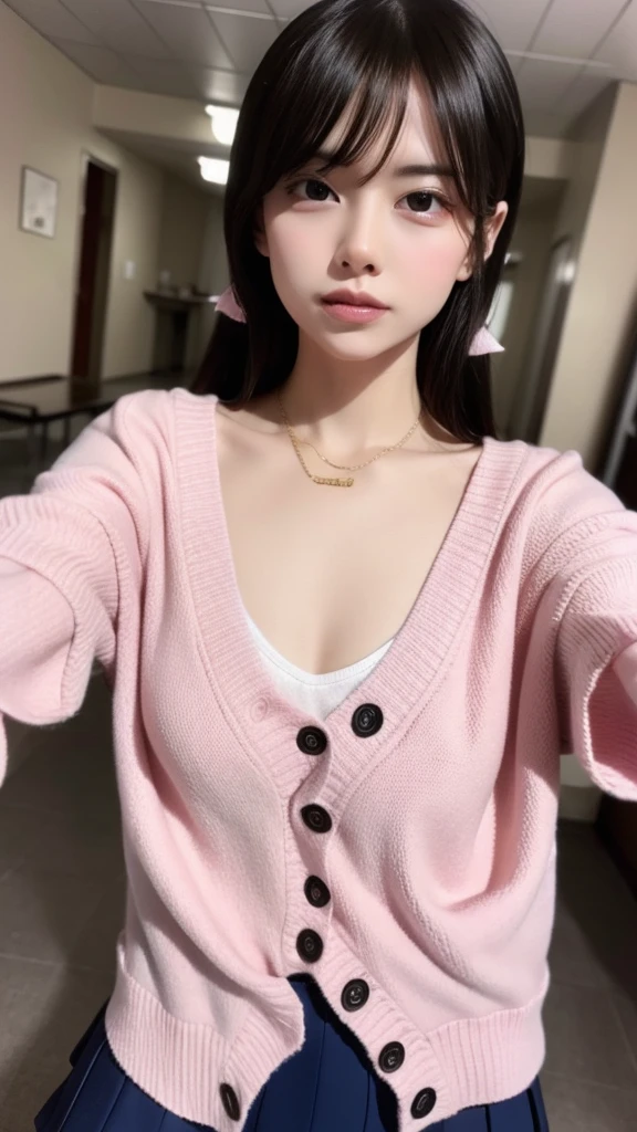 High resolution, masterpiece, accurate, Anatomically correct, Winner of numerous awards, Highest quality, Damaged, High detail, High-resolution model, Retina, Very detailed, Textured skin, Ultra high definition, Background blur, movieの光効果, Chiaroscuro, movie, movie撮影,
(Super big breasts:1.5、大きなCleavage:1.3), Sparkling under-eye bags、Red glitter eye makeup, From feet to head、(Fluorescent light pink lipstick:1.3, Japanese jirai Type Girl :1.2, jirai type makeup:1.2, jirai type fashion:1.5), Japanese underground Idols、Japanese Instant Glamour、Japanese TikTokers, age Girl、
one person's, (Hand Pull, I pulled it myself, Pulling on clothes, Pulling on shirt:1.2), Open cloth, profile, Embarrassing, blush, ((Sweat,vapor,Vulgar face、Ahegao:1.2),
break cute, Heart Necklace, Huge breasts, 近い your eyes,
break school uniform, Collared shirt, Navy Mini Skirt, Wear a cardigan,
break (Unbuttoned light brown cardigan), Sleeves are longer than the wrist, Cleavage, clavicle, White socks,
classroom, From head to toe:1.5,
One person, solo, Long black hair, blushする, Open your mouth, Sticking out tongue,