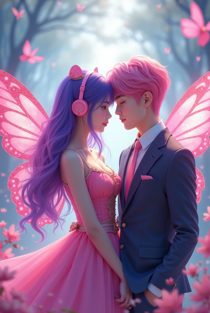 Korean purple hair butterfly woman with headphone and pink dress with gold and glitter wings and pink hair man in formal wear also cute realistic clip friendship don't be romantic