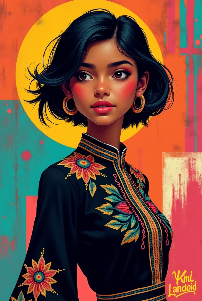 Short hair Indian girl bold, black clothes with embroidery and brown skin, creat pop art style