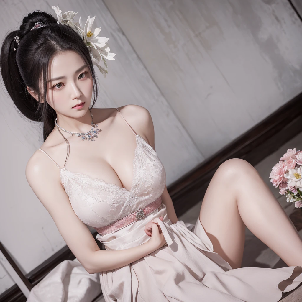 masterpiece, Highest, night, full moon, 1 female, Woman, Chinese style, ancient China, sister, Royal Sister, Cold Face, Expressionless, A woman with long silvery white hair, Pale pink lips, Calm, intellectual, Three belts, Gray Hitomi, assass dagger, Flower ball background, Street view
