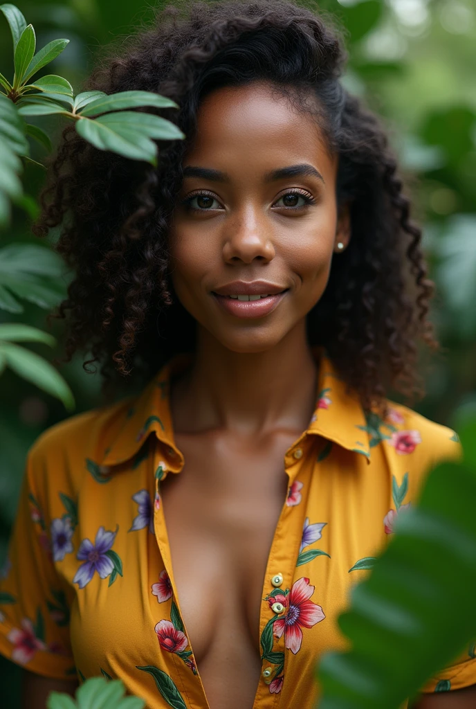 A Brazilian woman in a lush tropical garden, wearing an open shirt with a floral print, with a close-up capturing the harmonious beauty between her breasts and the natural flowers, showing off your natural charm and outgoing personality.