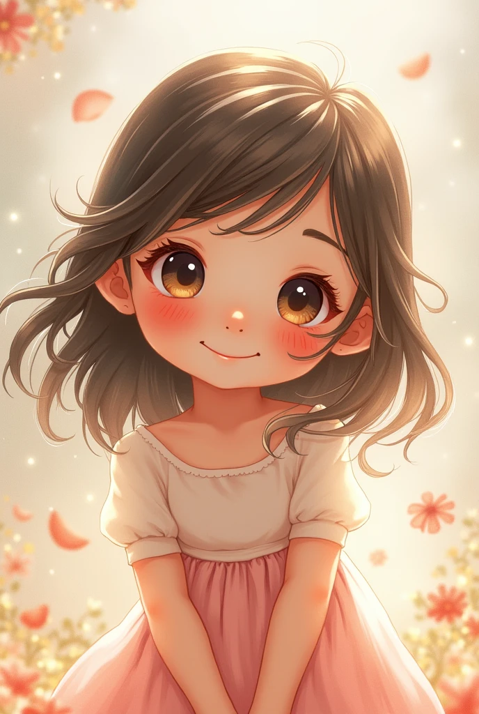 Little chubby girl with medium-long black hair and brown eyes named Zcharit