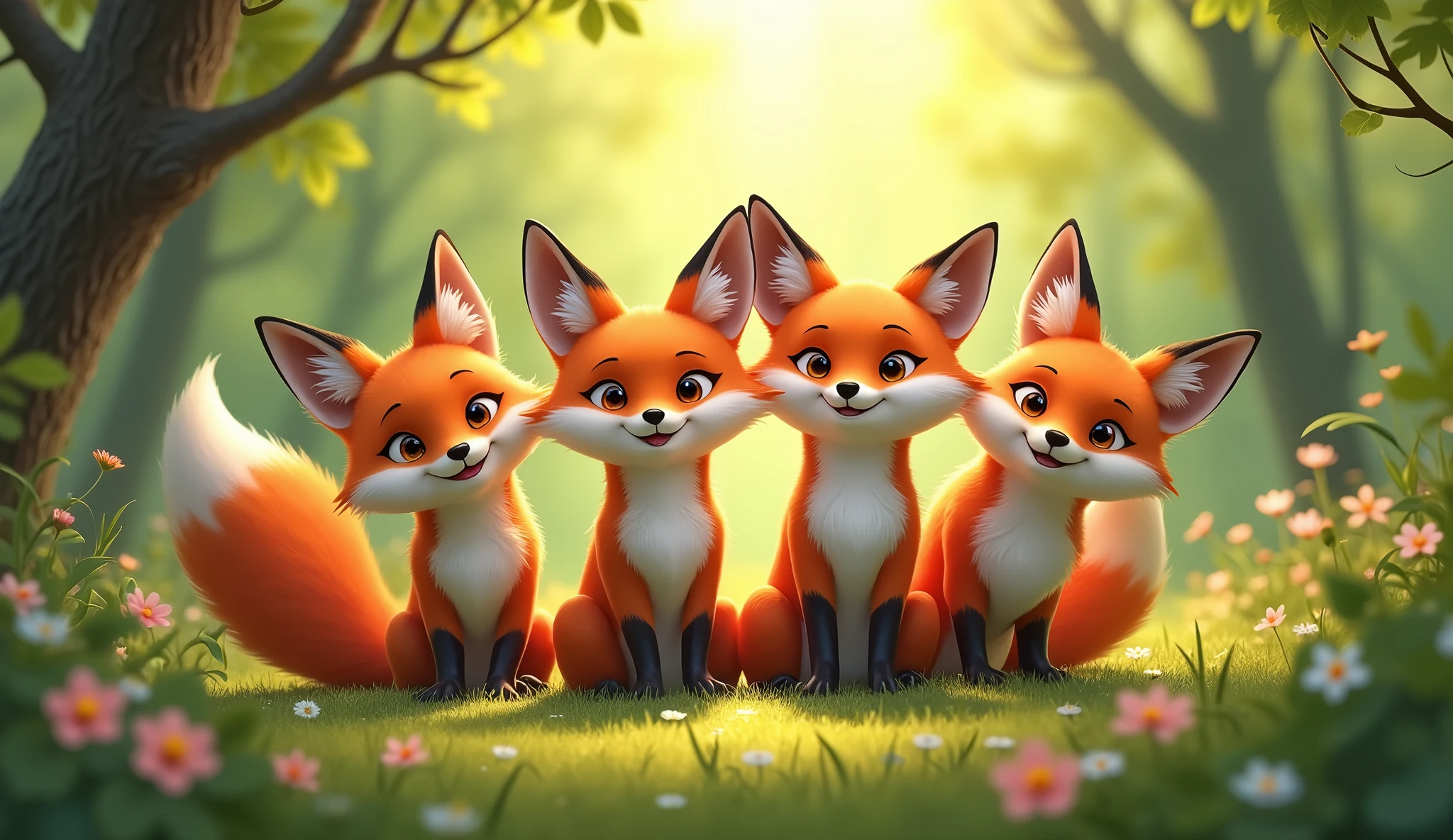 SEVERAL FEARLESS FOXES IN HARMONY LOOKING AT THE CAMERA, HAPPY IN THE FOREST OF JOY