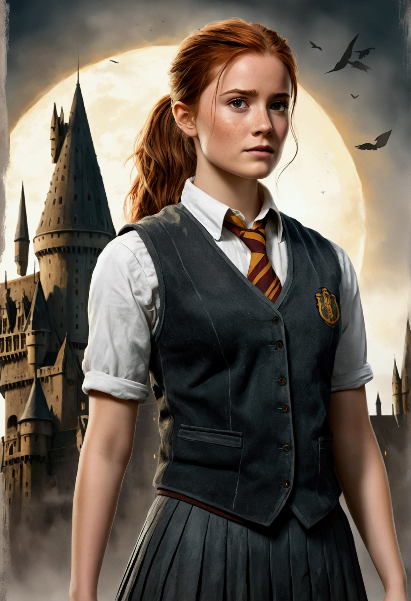 An illustrated movie poster, hand-drawn, full color, a female Hogwarts student, wearing a charcoal vest and a pleated skirt, tall, toned, amazonian stature, athletic hourglass figure, auburn hair, messy ponytail, flushed sun-kissed complexion, freckles, standing in front of Hogwarts Castle, surrounded by mist, graphite shading, stencil marks, airbrushed acrylic paint, masterpiece, in the Deathly Hallows