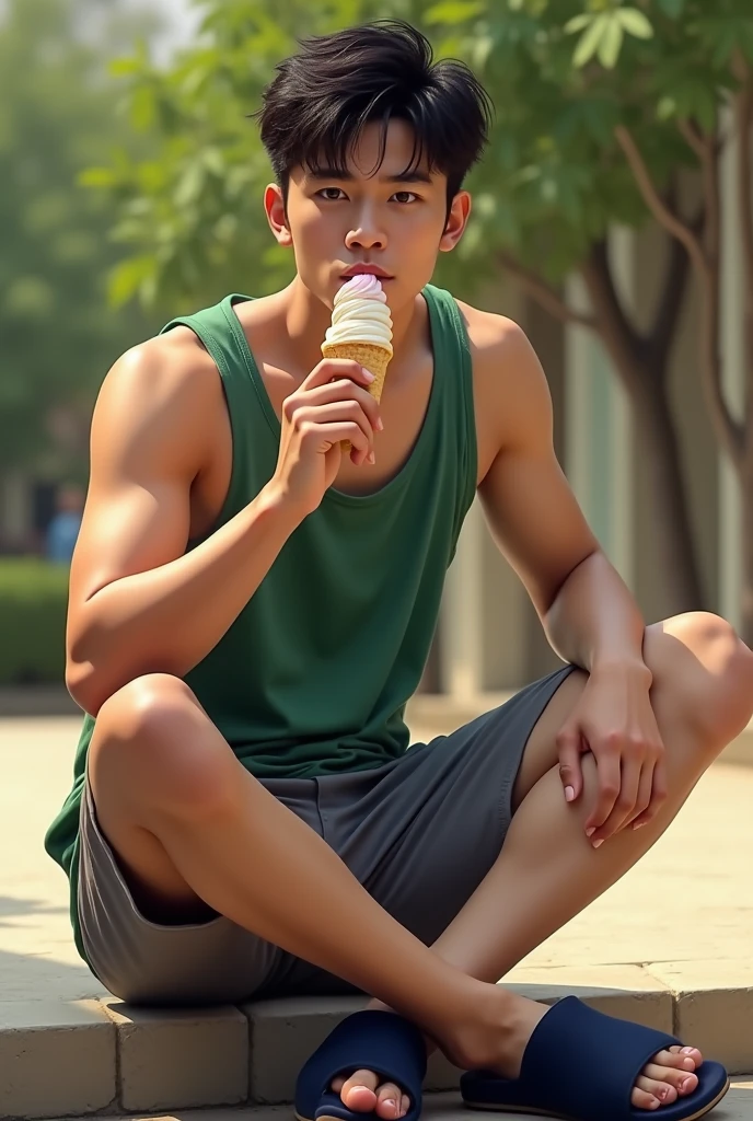 A young Vietnamese man with detailed facial features, beautiful eyes, nose, and lips, wearing a green tank top, grey shorts, and navy blue slippers, sitting and eating ice cream, 1 person, photo-realistic, hyperrealistic, intricate details, 8k, ultra-detailed, lifelike, natural lighting, warm color tones, vibrant colors, masterpiece, hyper-realistic, photorealistic portrait, extremely detailed, realistic skin, detailed clothing texture