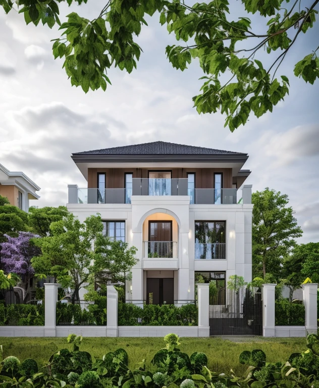 modernvilla, fully tiled, white and wood colour, trees, vine, architecture, building, cloud, vivid colour, masterpiece,best quality,super detailed,realistic,photorealistic, 8k, sharp focus, a photo of a buildinga photo of a building