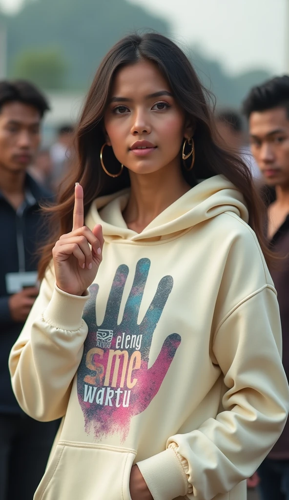 A indonesian pretty woman, wearing a cream hoodie with a strong vector design featuring a silhouetted image of a five-fingered palm in pastel colour with love and light. The phrase "ELENG LIMO WAKTU" is displayed in bold simple elegand, distressed typography with pastel colours, while holding her hoodie, wearing hijab, one-handed pose pointing upwards, in a public place, surrounded by many men, model, jav idol, with a frontal shooting angle, very realistic, (complex detail: 0.9), (hdr, hyperdetail: 1.2), RAW, Sony Alpha a9 II, 24-105mm f/4, HDR,