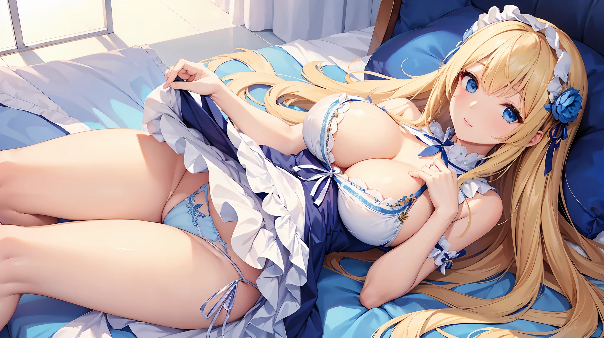 ((Highest quality、High resolution))、Beautiful woman、Perfect body、Beautiful and bountiful breasts、(tits)、long blond、bangs、Blue and white、Embellished blue sexy dress、skirt、(((Showing panties、I'm tempting you、A woman opening her legs and inviting sex)))、Outdoor Scenery