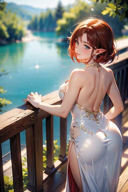 Realistic image, coherent image, detailed image, of 1 elf, in a nightgown. He has black hair, long hair. Turquoise eyes with long eyelashes. Sensual expression. She has a curvy body, medium breasts, thick thighs. Her legs are raised. She is at night with a starry sky. She is sitting on the grass. Front view. Bending over, arching your back. Dramatic shadows, atmospheric lighting, natural lighting. ISO:100, F1.4, --quality 2,