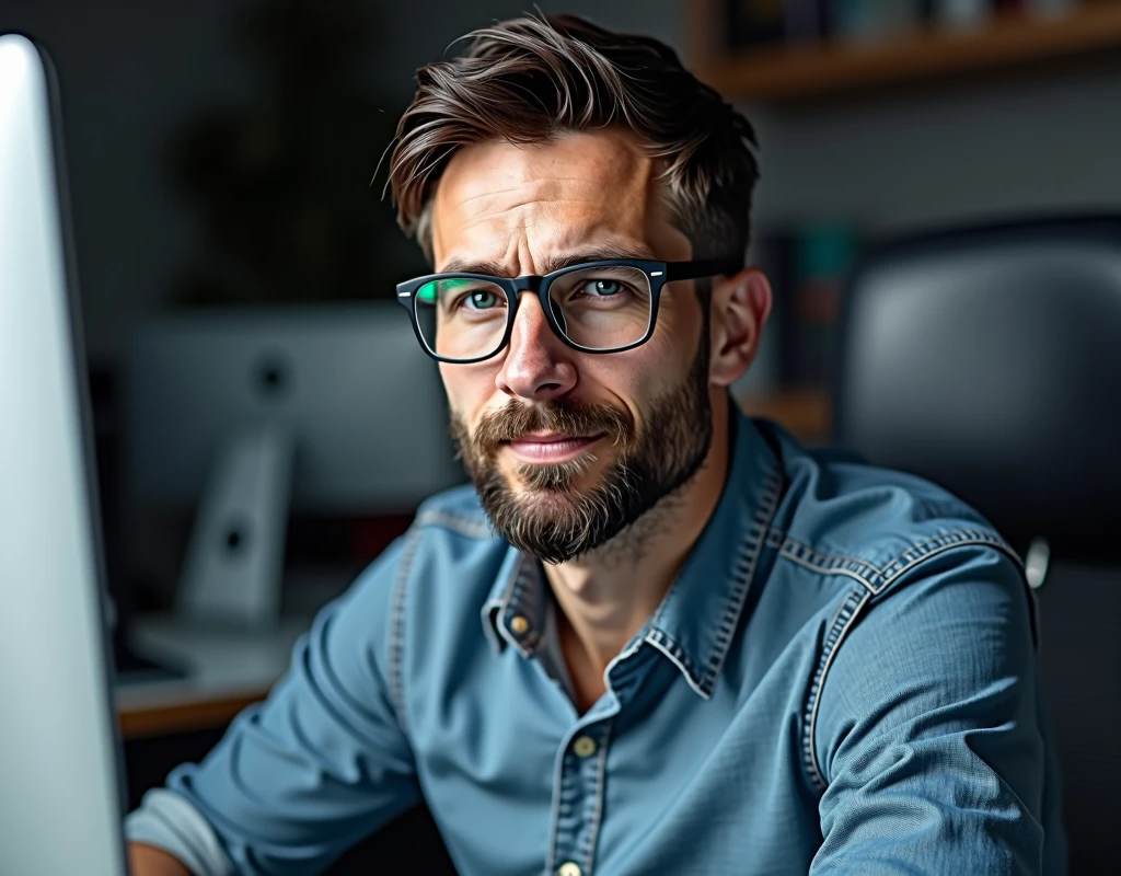 Create a portrait of a 44-year-old male professional with black hair, a three-day beard, and blue eyes. He is 176 cm tall, weighs 89 kg, and wears glasses for working on the computer. He has a background in computer engineering and works as a web developer and FullStack engineer. He is dressed in casual yet professional attire, with the focus on his upper body and face. The background should be neutral or slightly tech-inspired, making it suitable for a web portfolio. His expression is confident and focused, highlighting his expertise and dedication to technology. The overall style should be clean and modern, emphasizing his professionalism and technical skills.