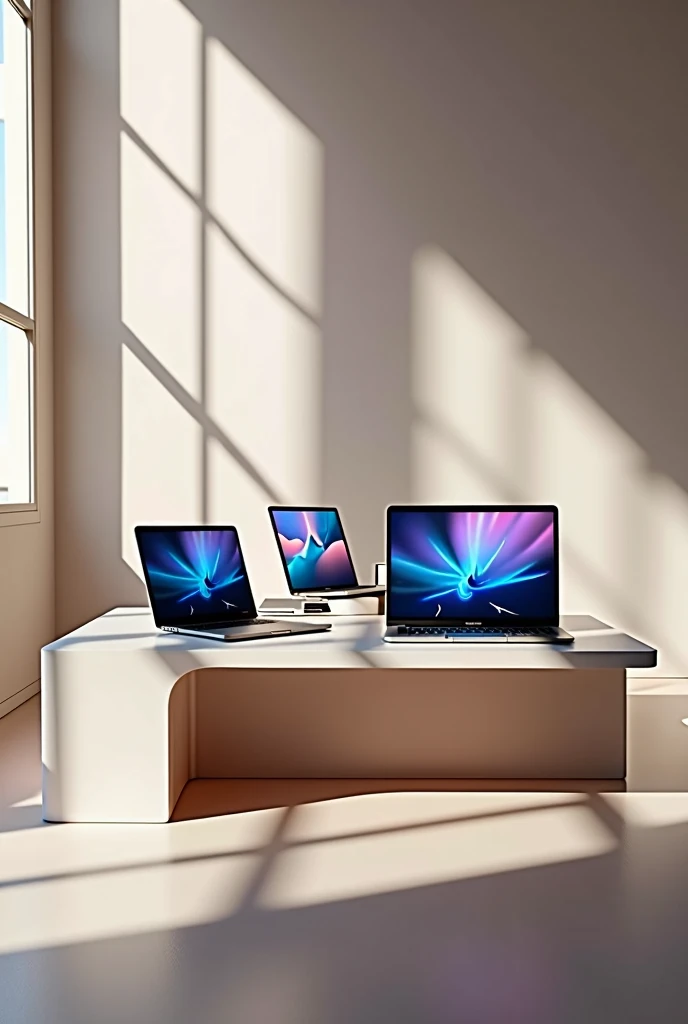 create a super realistic photo of a table with several macbooks