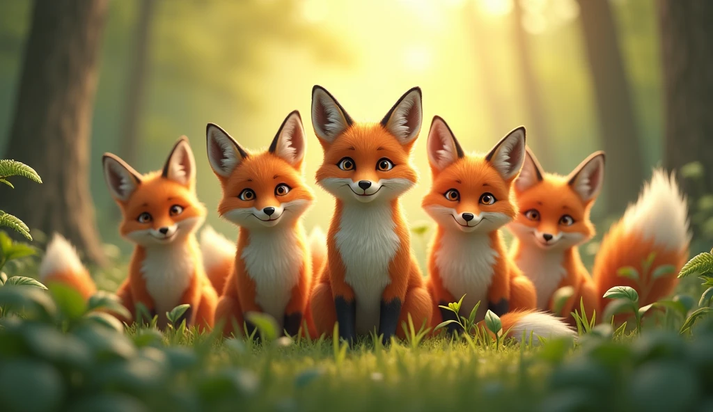 SEVERAL FEARLESS FOXES IN HARMONY LOOKING AT THE CAMERA, HAPPY IN THE FOREST OF JOY