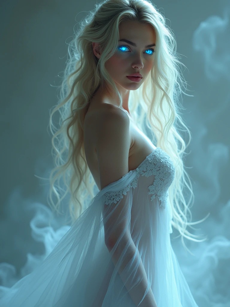 (photorealism:1.2), ((Sexy beautiful girl, cute, Russian beauty, 22 years old, a thin fit body blonde)), ((Highest quality)), ((masterpiece)), (detailed), Nymphomaniac Ghost, glowing blue eyes 