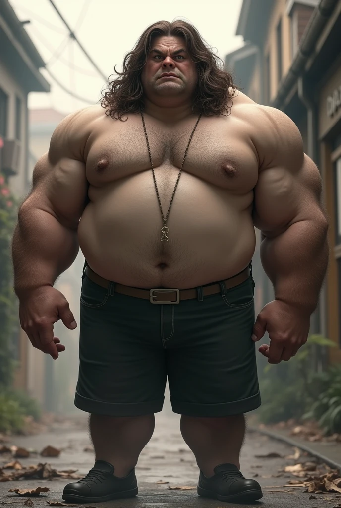 Muscular fat Boy with Long Brown Hair Wearing school uniform: very large and big and strong and bulky and mean