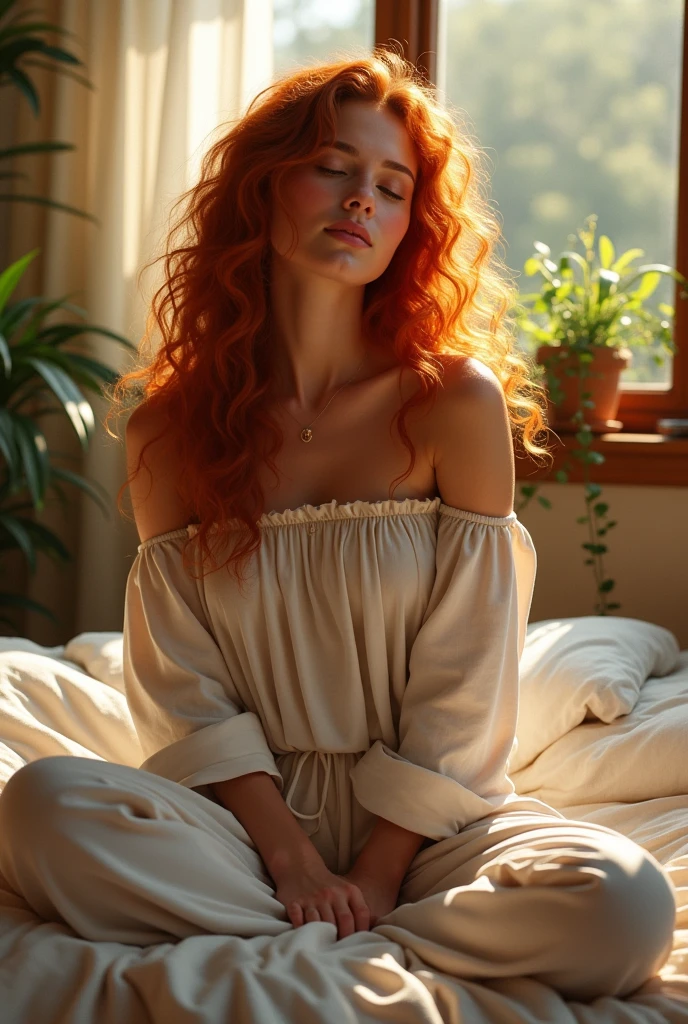 (photorealism:1.2), beautiful woman, sitting on bed, wearing loose off-shoulder top, pajama pants, long red curly hair, indoors, soft lighting, plants in background, window with sunlight, cozy room, relaxed pose, realistic, intricate details, warm colors, by Greg Rutkowski, by Alphonse Mucha