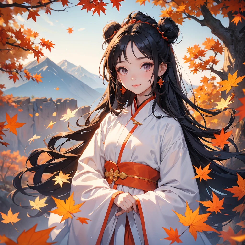 A chibi girl had a small face and Wearing white little Taoist priest's outfit. A pair of big round eyes shone with curiosity about him. her hair is black with two buns on her hair.smiling.

The little chibi baby looked up with his chest raised, and his face was old and proud.

The backdrop is a mountain that turns orange-red in spring, and maple leaves fall from the trees.


